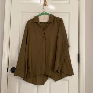 Army green brown flowy button blouse